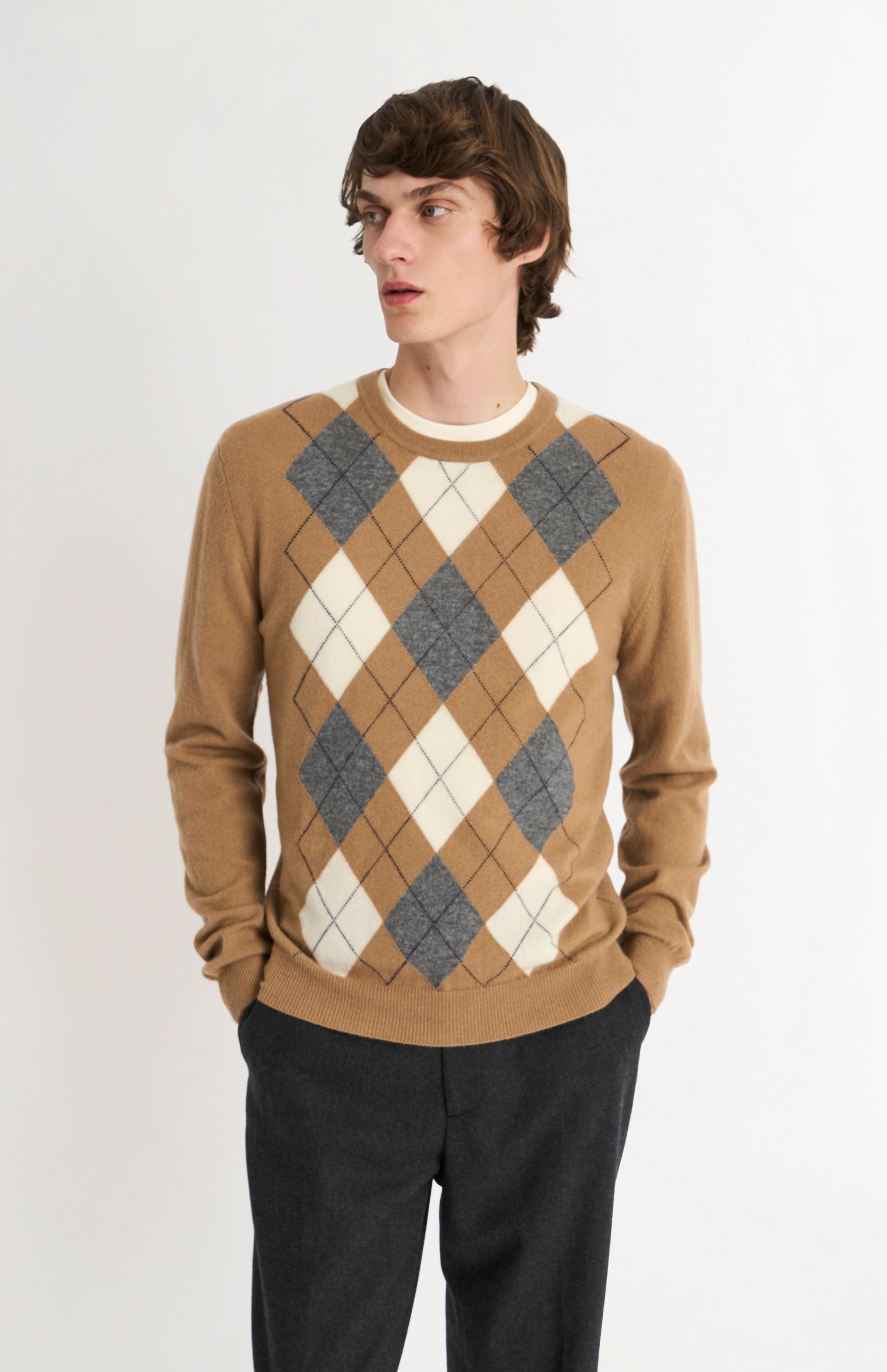 Pringle Men's Crew Neck Cashmere Argyle Jumper in Camel, Ecru & Grey