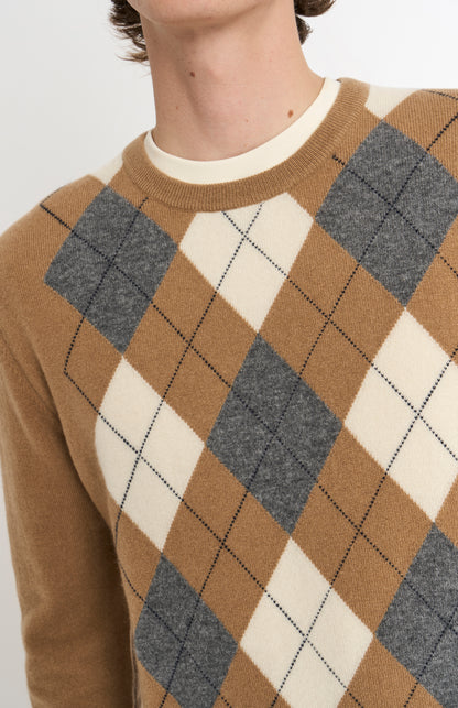 Men's Classic Crew Neck Cashmere Argyle Jumper In Camel / Ecru / Grey