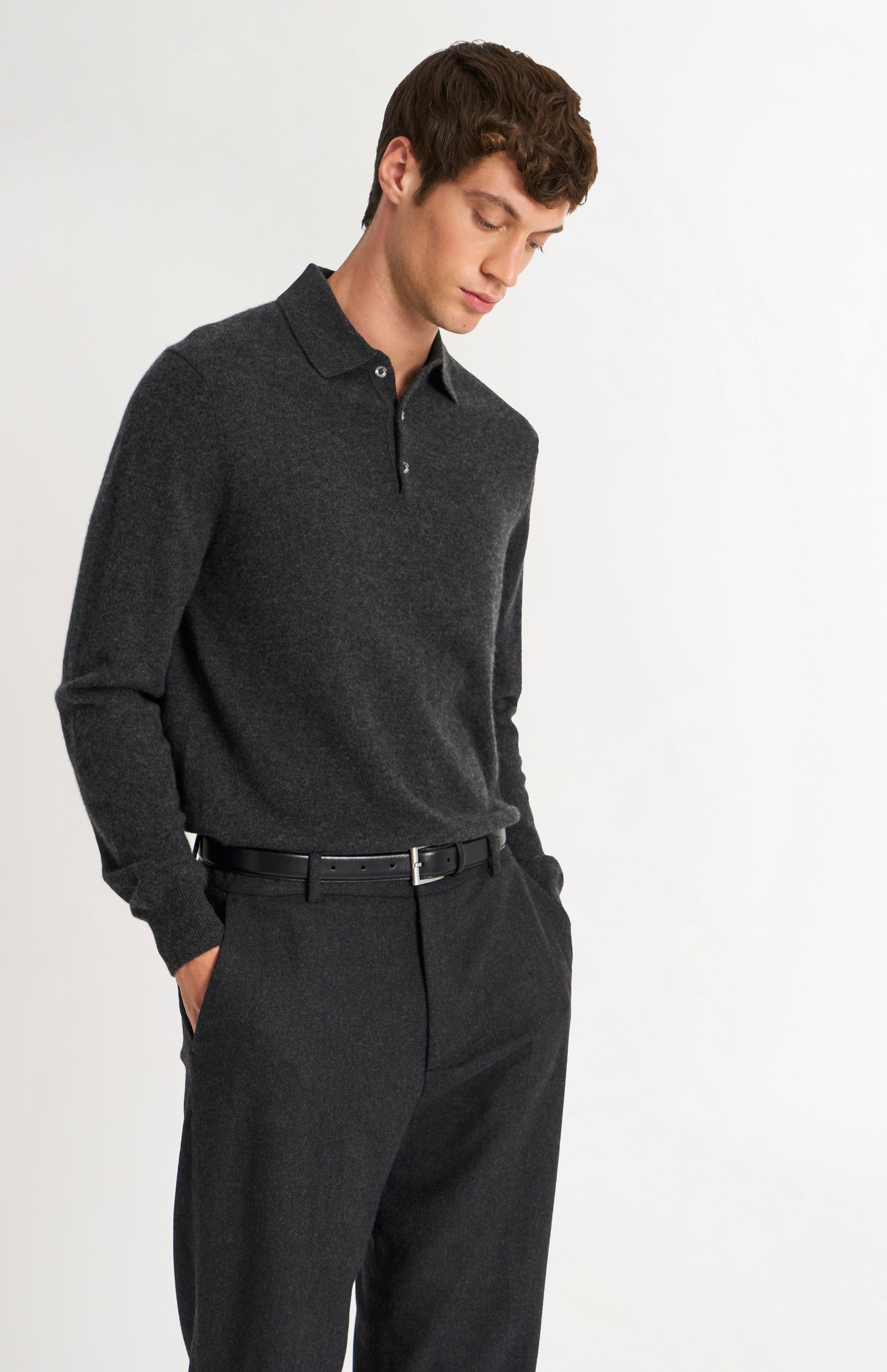 Men's Classic Polo Shirt Cashmere Jumper In Charcoal Melange
