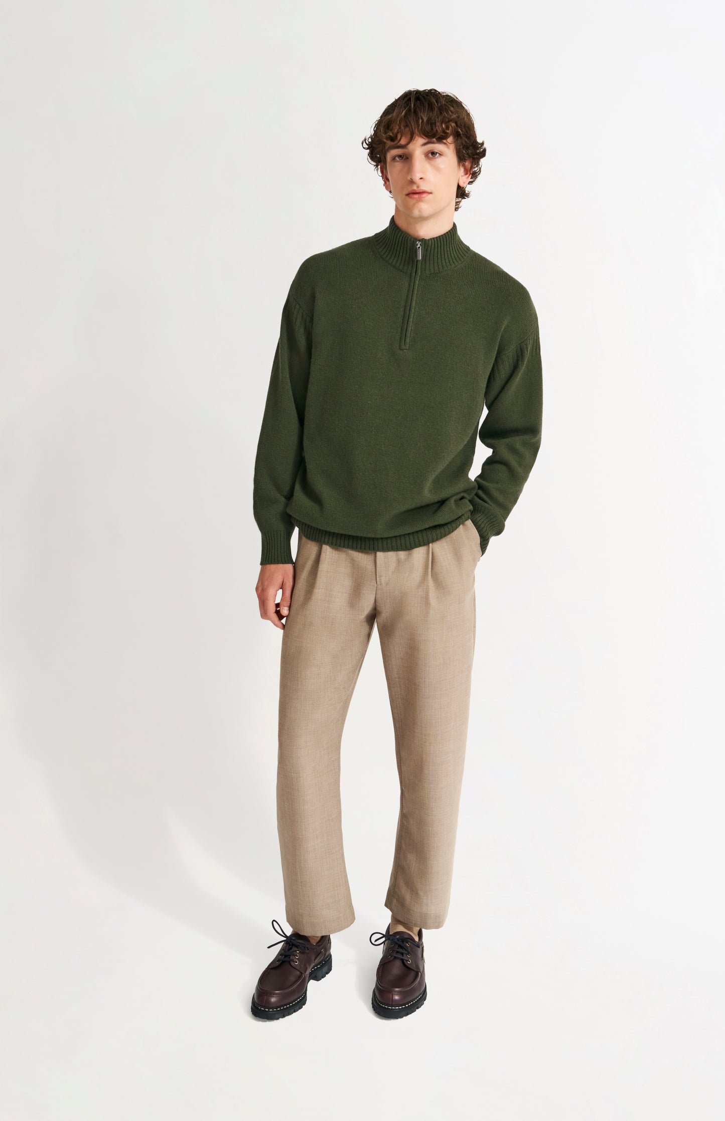 Pringle of Scotland Men's Zip Neck Cashmere Jumper In Evergreen on model full length