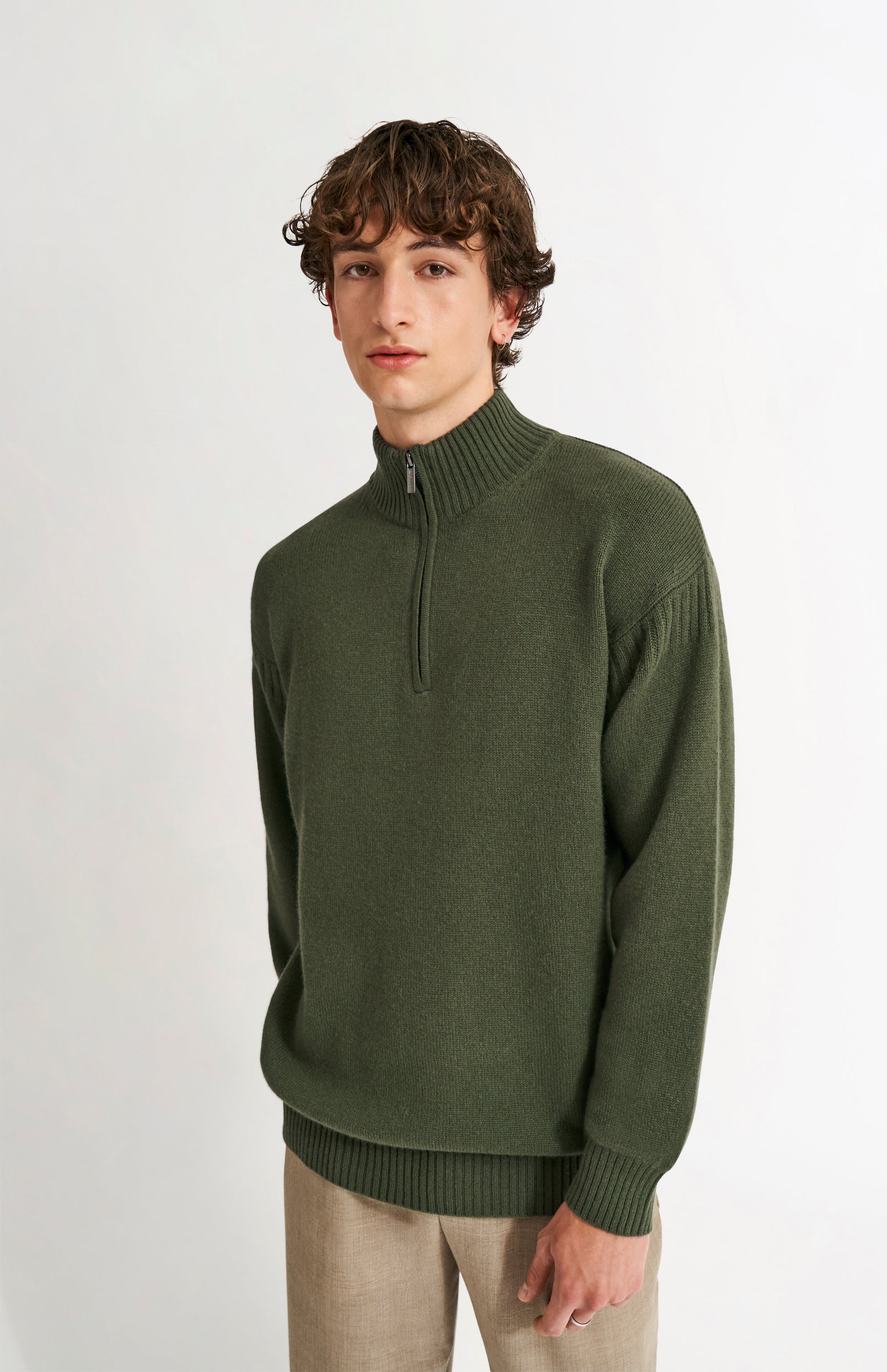 Pringle of Scotland Men's Zip Neck Cashmere Jumper In Evergreen on model