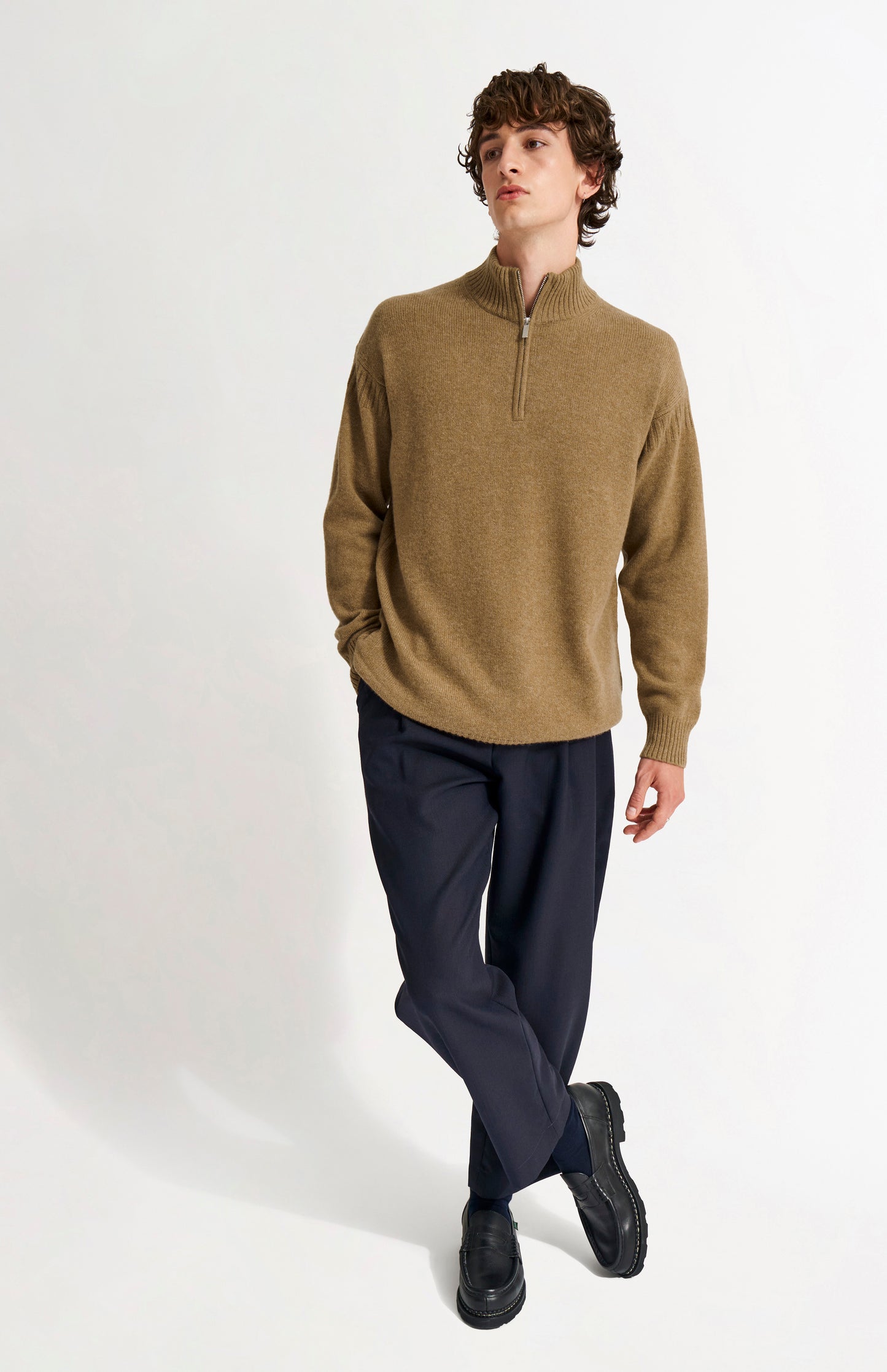 Pringle of Scotland Men's Zip Neck Cashmere Jumper In Natural on model full length