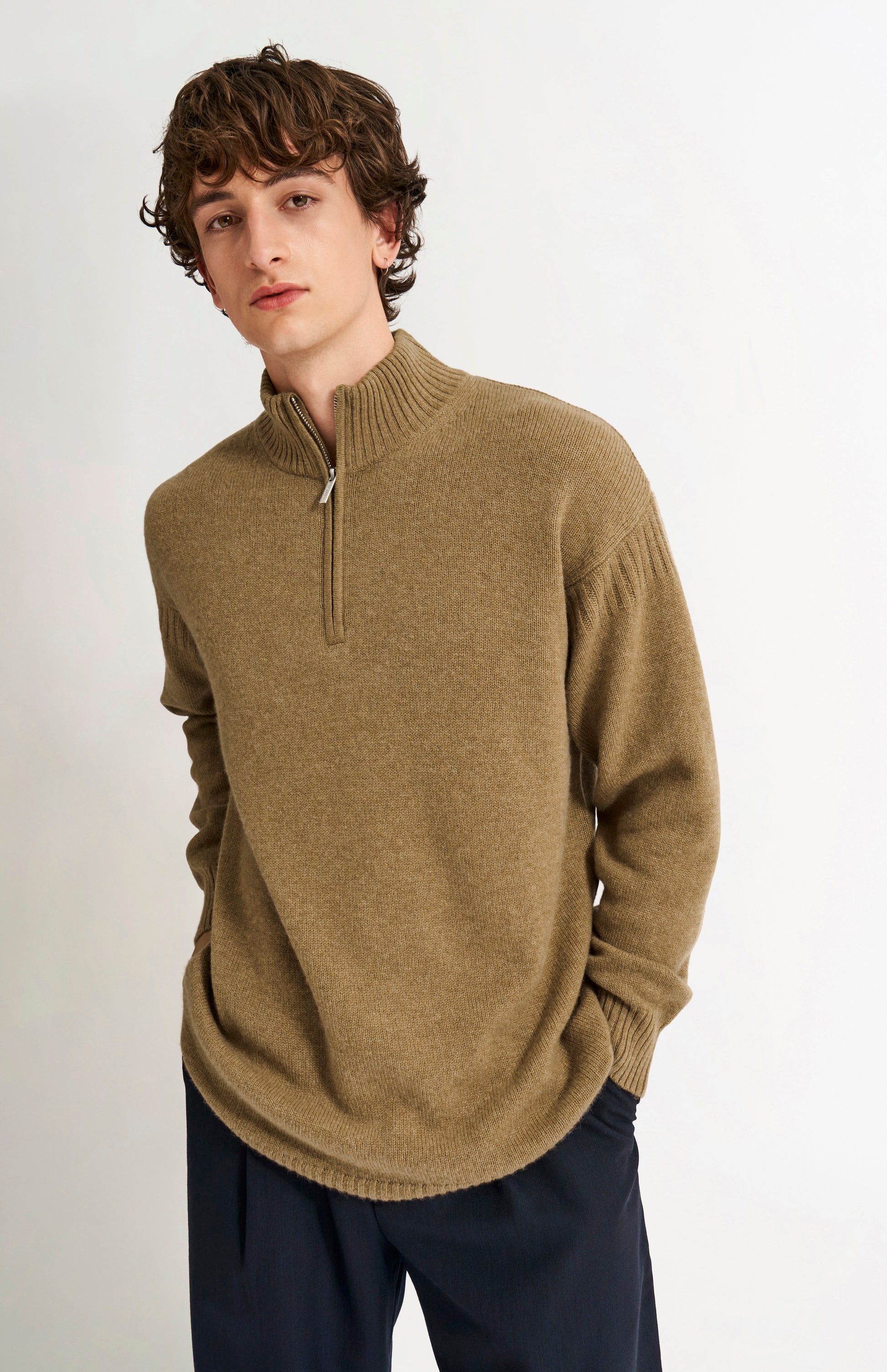 Pringle of Scotland Men's Zip Neck Cashmere Jumper In Natural on model