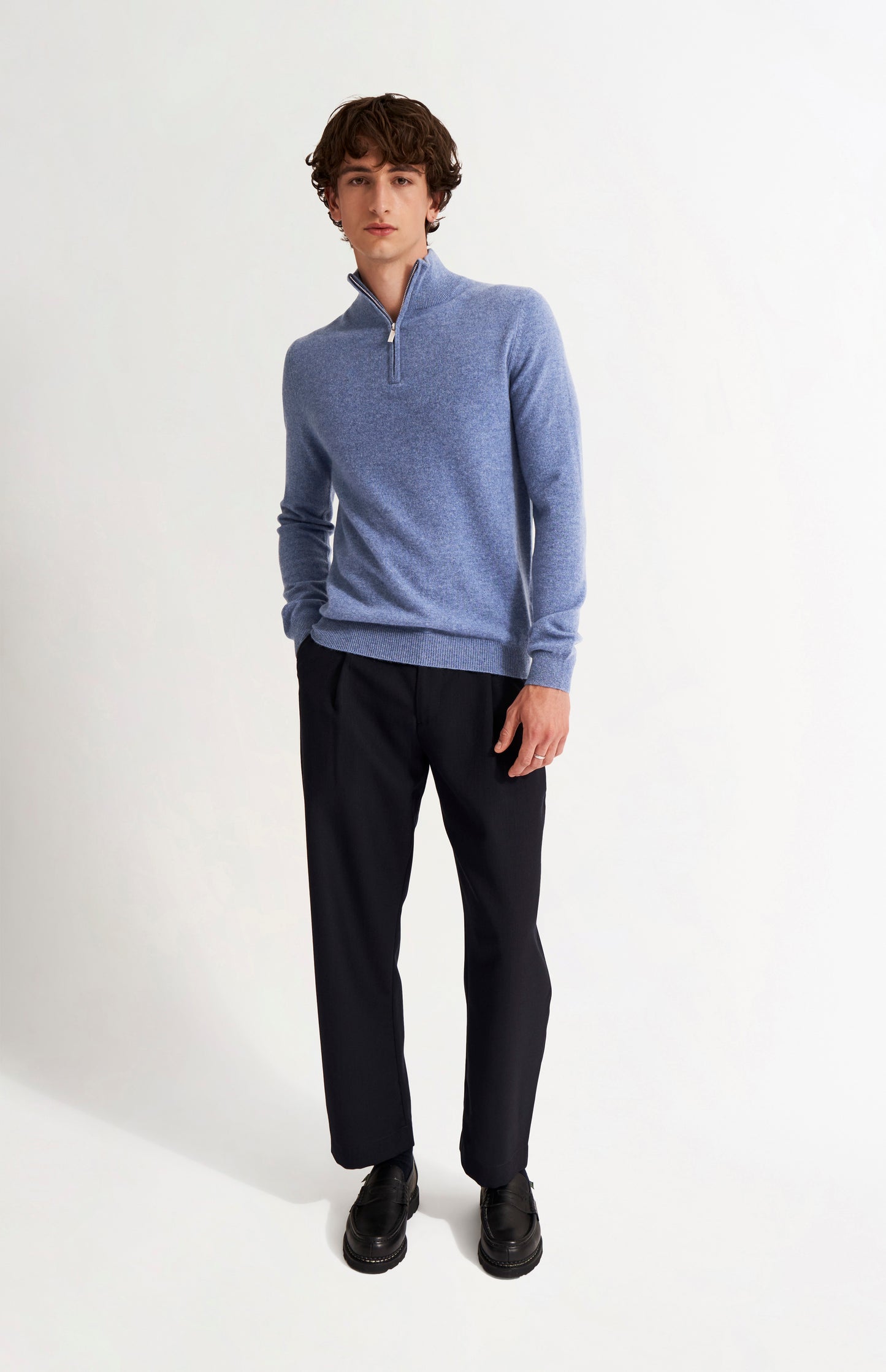 Men's Quarter Zip Cashmere Classic Jumper In Blue Melange on model full length