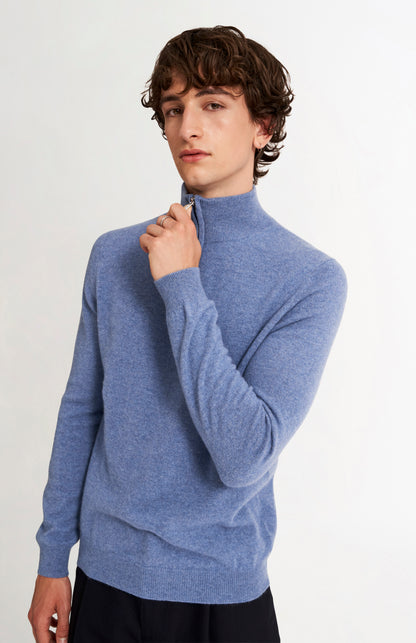 Men's Quarter Zip Cashmere Classic Jumper In Blue Melange on model