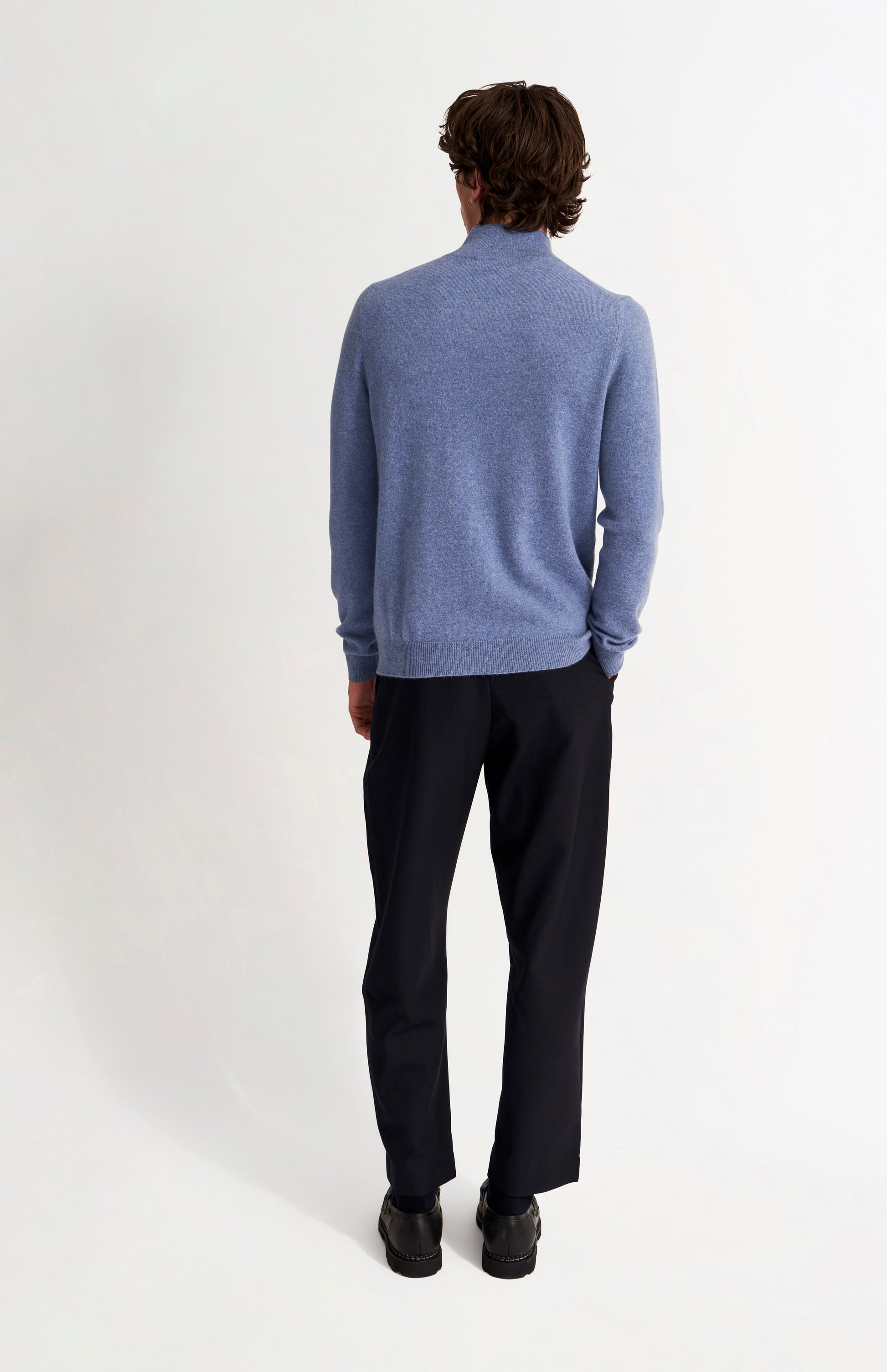 Men's Quarter Zip Cashmere Classic Jumper In Blue Melange rear view