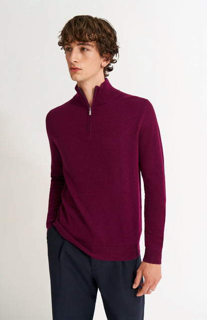 Pringle of Scotland Men's Quarter Zip Cashmere Jumper Classic In Burgundy on model