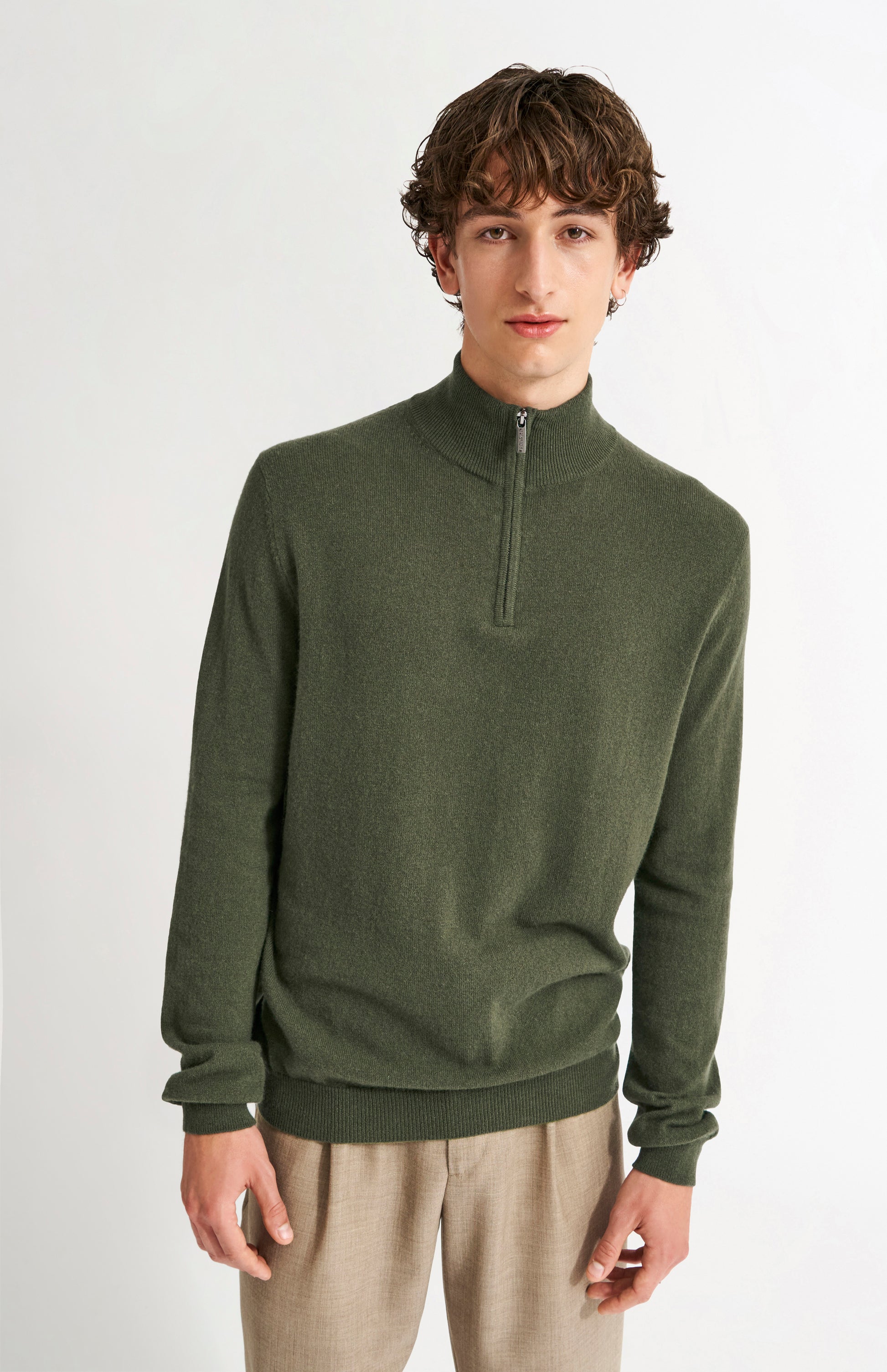 Pringle of Scotland Men's Quarter Zip Cashmere Jumper Classic In Evergreen on model