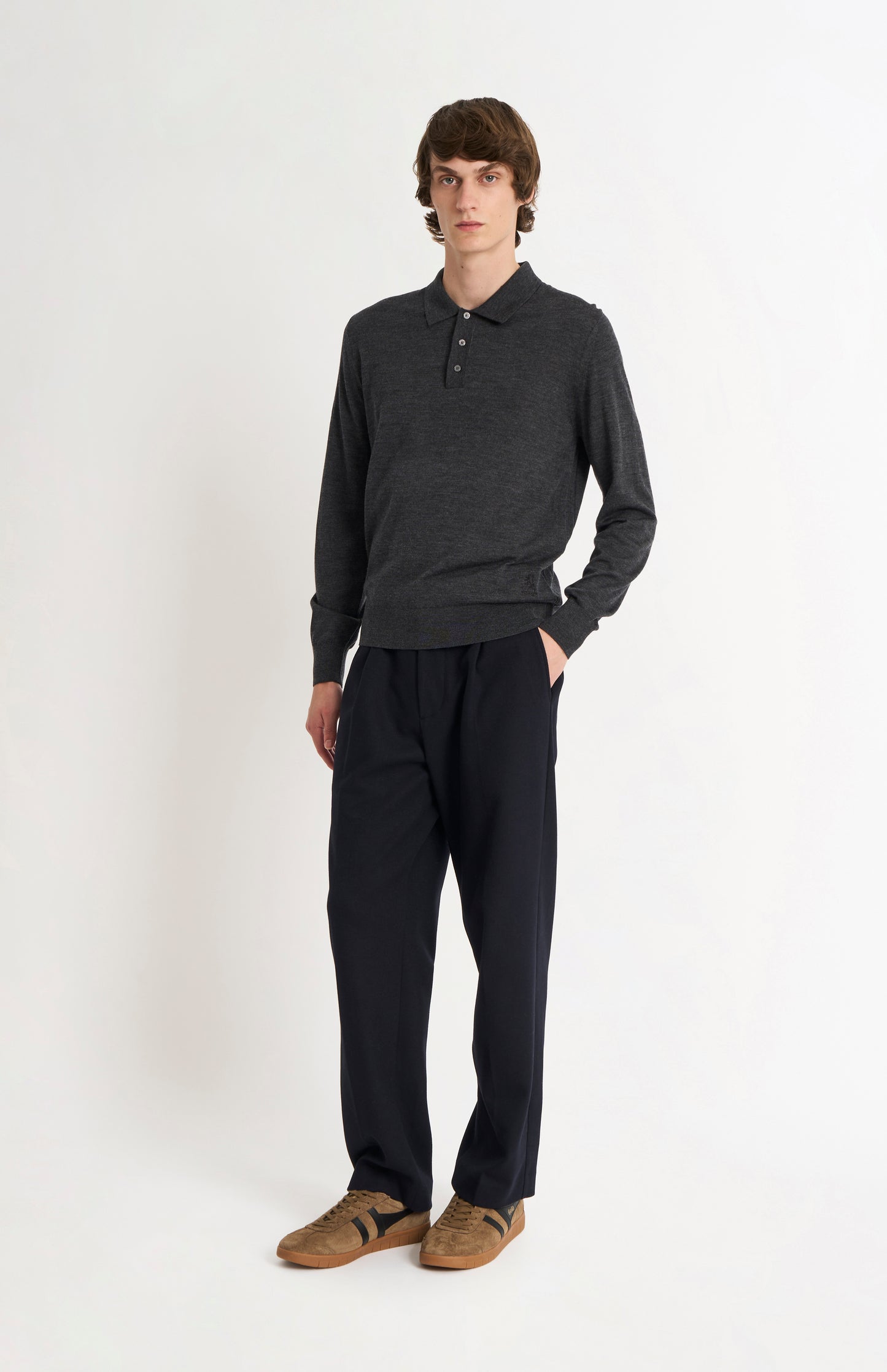 Men's Polo Shirt Extra Fine Merino Wool Jumper In Charcoal Melange