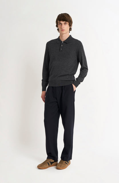 Men's Polo Shirt Extra Fine Merino Wool Jumper In Charcoal Melange