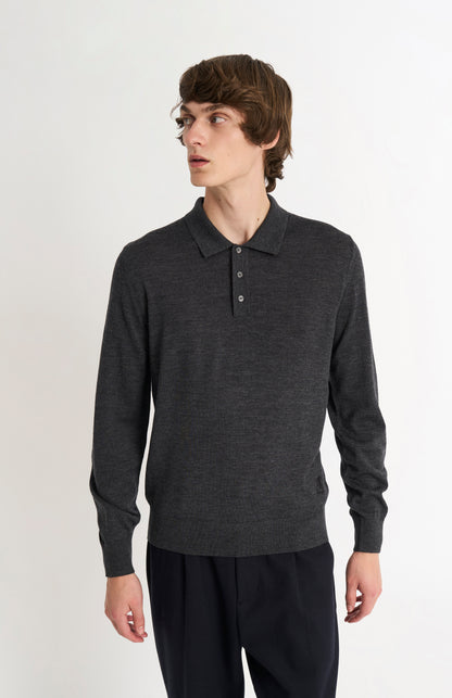 Men's Polo Shirt Extra Fine Merino Wool Jumper In Charcoal Melange
