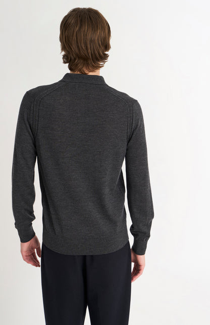 Men's Polo Shirt Extra Fine Merino Wool Jumper In Charcoal Melange