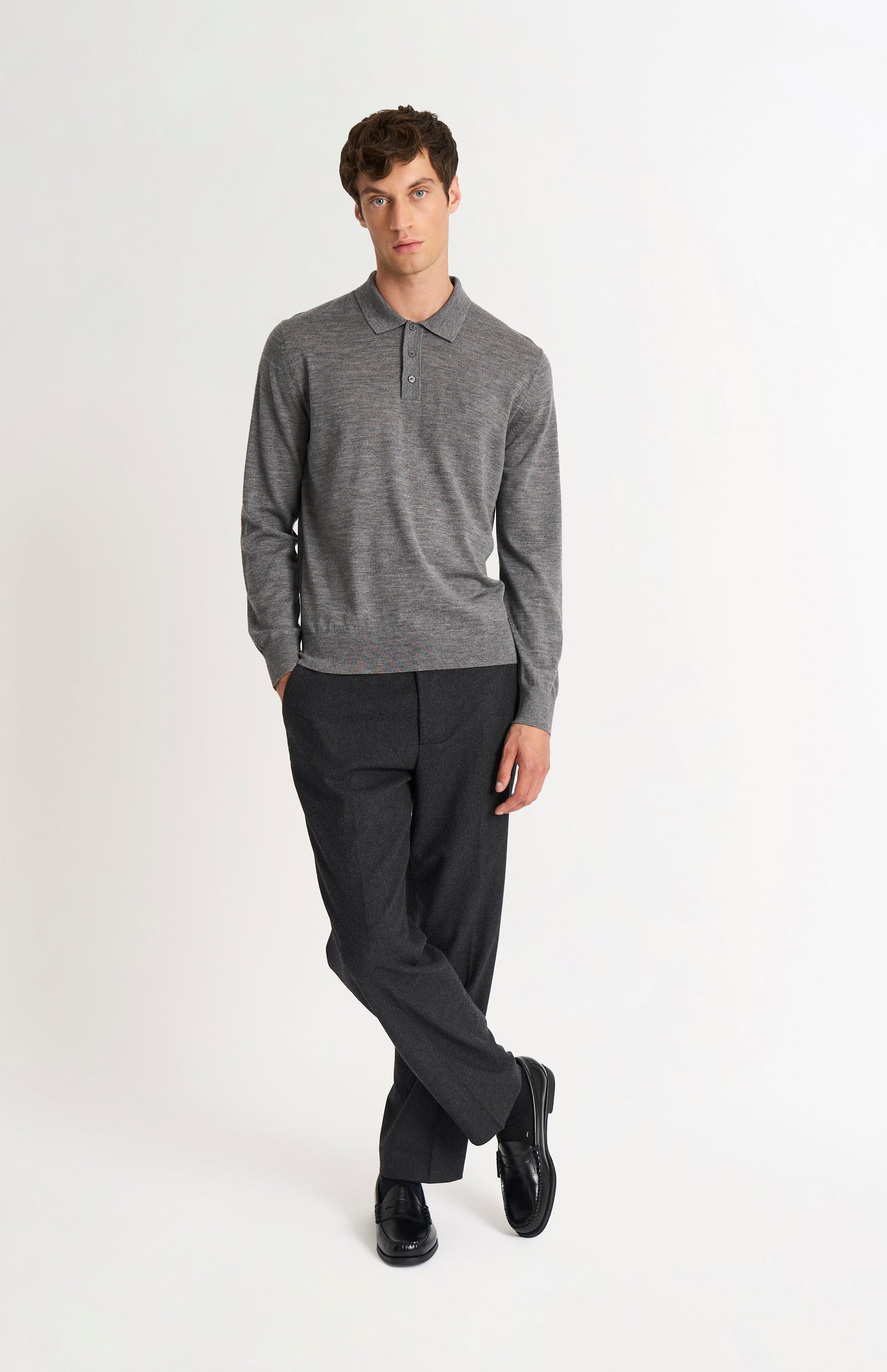 Men's Polo Shirt Extra Fine Merino Wool Jumper In Grey Melange
