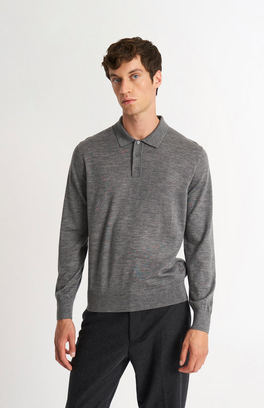 Men's Polo Shirt Extra Fine Merino Wool Jumper In Grey Melange