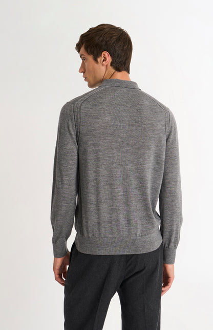 Men's Polo Shirt Extra Fine Merino Wool Jumper In Grey Melange