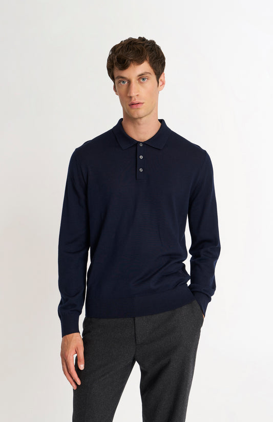 Men's Polo Shirt Extra Fine Merino Wool Jumper In Navy Blue