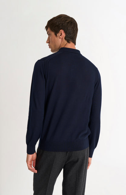 Men's Polo Shirt Extra Fine Merino Wool Jumper In Navy Blue