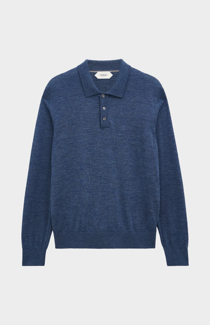 Men's Polo Shirt Extra Fine Merino Wool Jumper In Blue