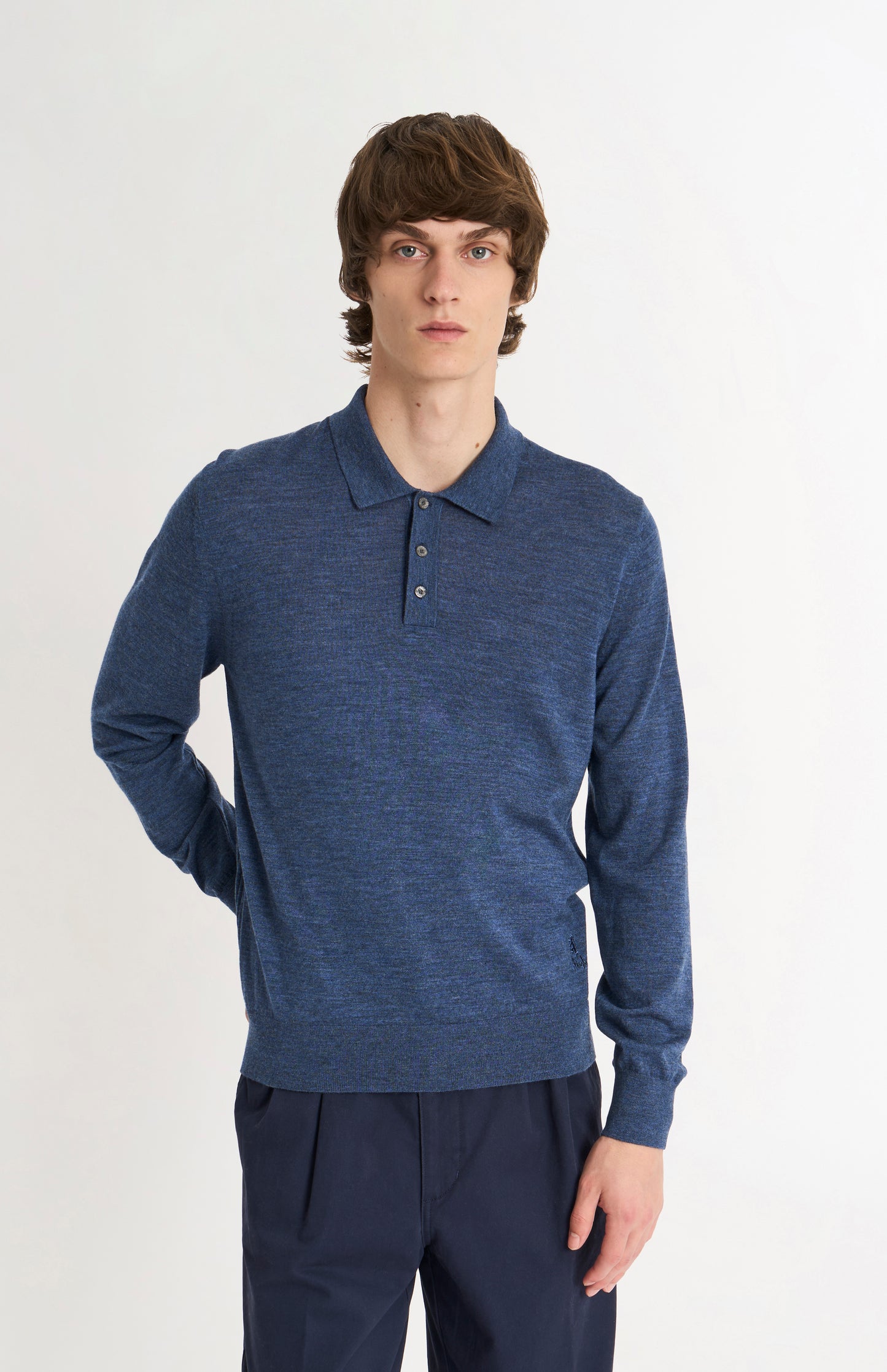 Men's Polo Shirt Extra Fine Merino Wool Jumper In Blue