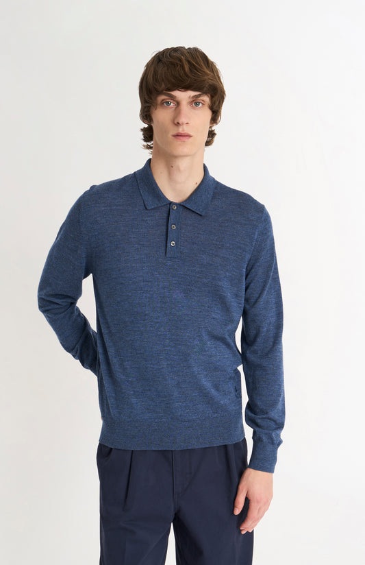 Men's Polo Shirt Extra Fine Merino Wool Jumper In Blue