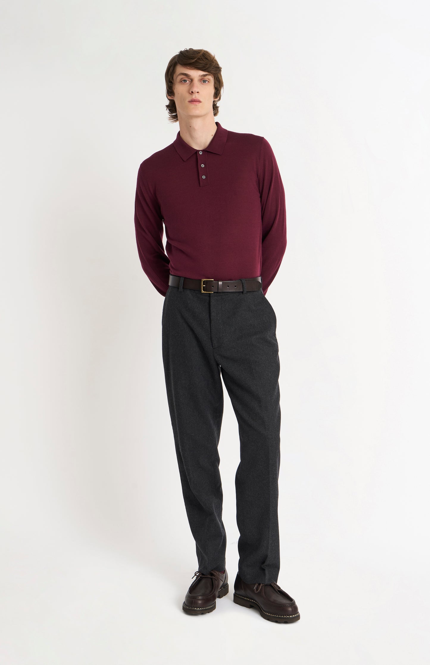 Men's Polo Shirt Extra Fine Merino Wool Jumper In Burgundy