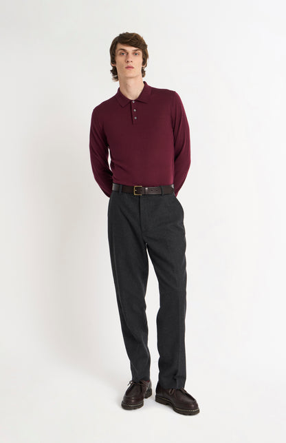 Men's Polo Shirt Extra Fine Merino Wool Jumper In Burgundy