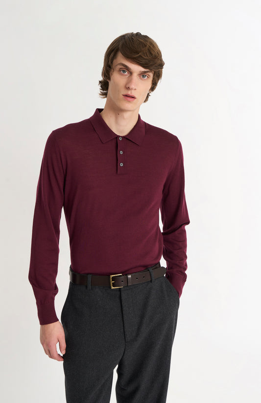 Men's Polo Shirt Extra Fine Merino Wool Jumper In Burgundy