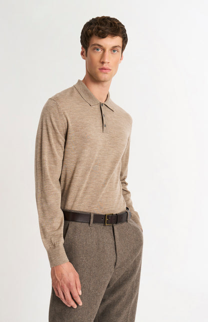 Men's Polo Shirt Extra Fine Merino Wool Jumper In Mushroom