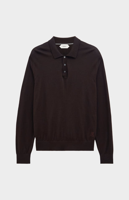 Men's Polo Shirt Extra Fine Merino Wool Jumper In Dark Brown