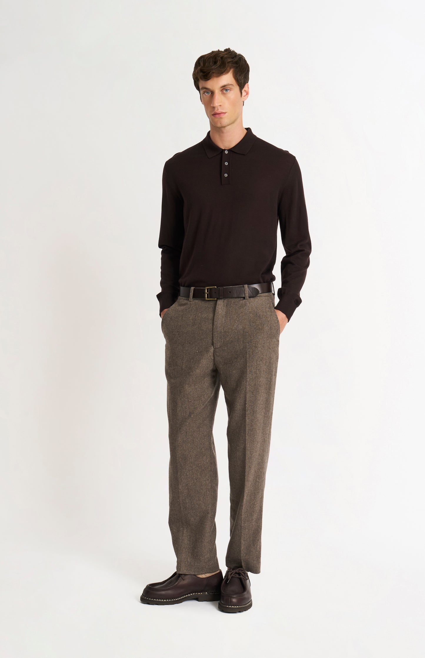 Men's Polo Shirt Extra Fine Merino Wool Jumper In Dark Brown