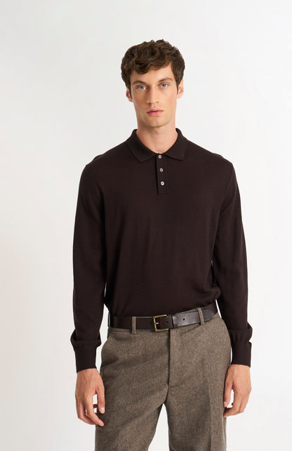 Men's Polo Shirt Extra Fine Merino Wool Jumper In Dark Brown