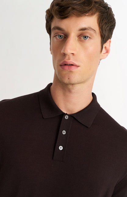 Men's Polo Shirt Extra Fine Merino Wool Jumper In Dark Brown