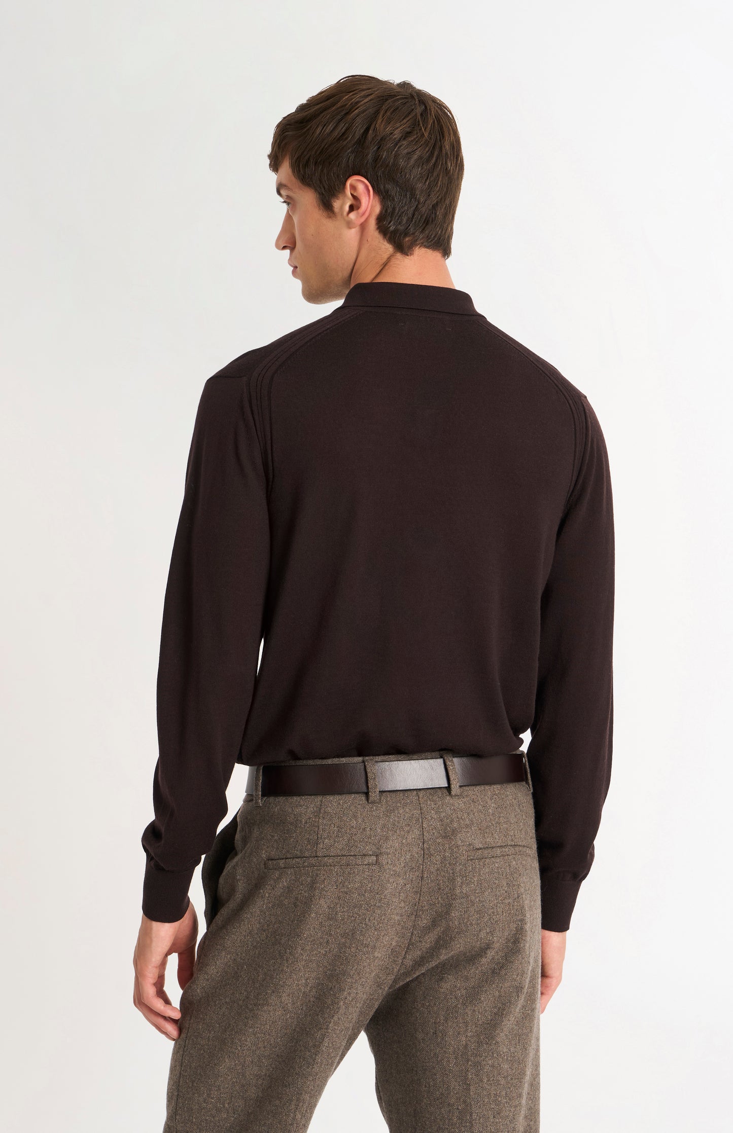 Men's Polo Shirt Extra Fine Merino Wool Jumper In Dark Brown