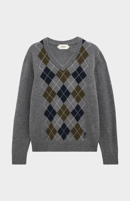 Men's Kessock  V-neck Supersoft Lambswool Argyle Jumper In Grey / Olive / Navy