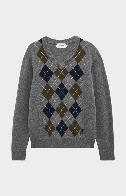 Men's Kessock  V-neck Supersoft Lambswool Argyle Jumper In Grey / Olive / Navy