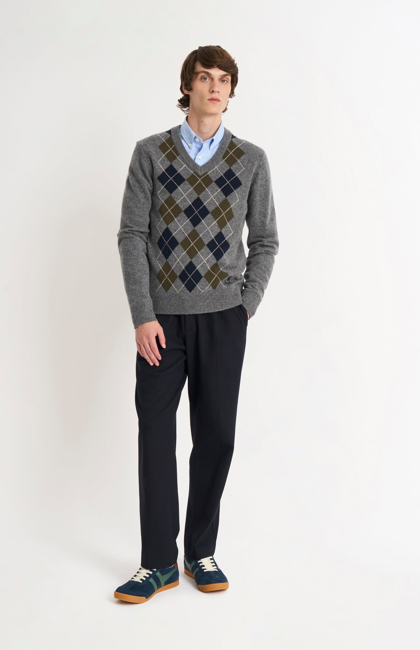 Men's Kessock  V-neck Supersoft Lambswool Argyle Jumper In Grey / Olive / Navy