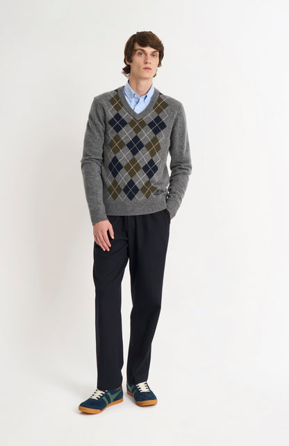 Men's Kessock  V-neck Supersoft Lambswool Argyle Jumper In Grey / Olive / Navy