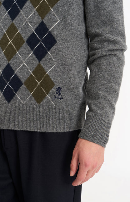 Men's Kessock  V-neck Supersoft Lambswool Argyle Jumper In Grey / Olive / Navy