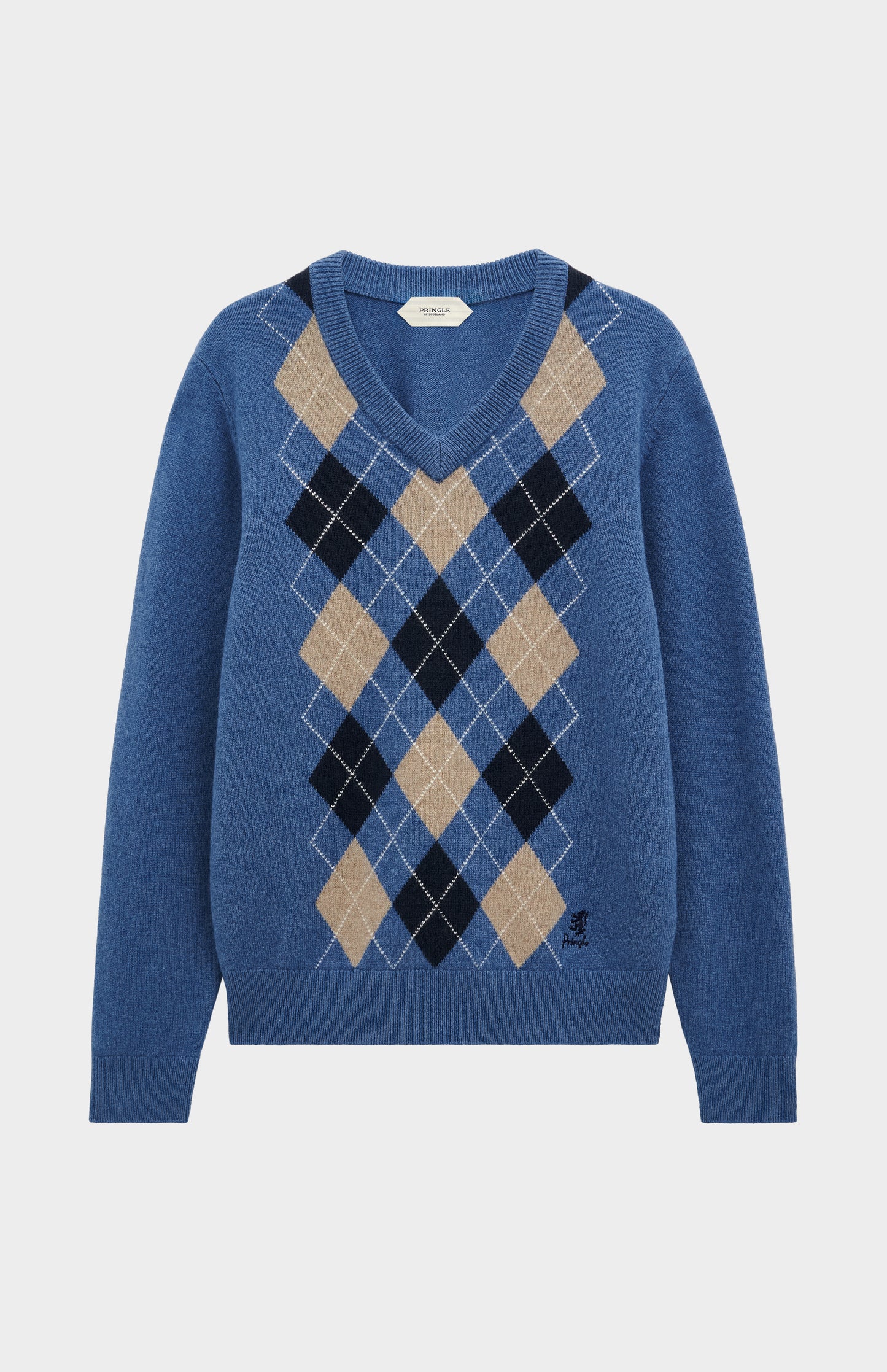 Men's Kessock  V-neck Supersoft Lambswool Argyle Jumper In Blue / Mushroom / Navy