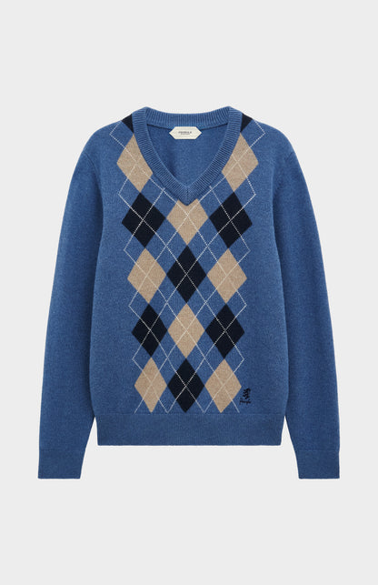 Men's Kessock  V-neck Supersoft Lambswool Argyle Jumper In Blue / Mushroom / Navy