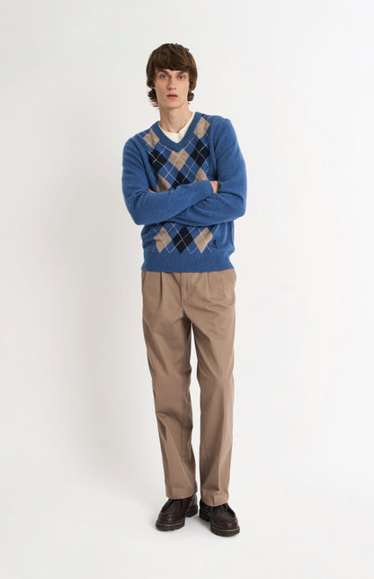 Men's Kessock  V-neck Supersoft Lambswool Argyle Jumper In Blue / Mushroom / Navy