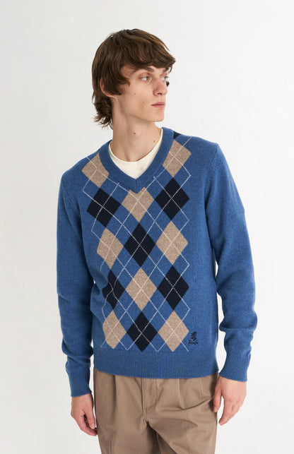 Men's Kessock  V-neck Supersoft Lambswool Argyle Jumper In Blue / Mushroom / Navy
