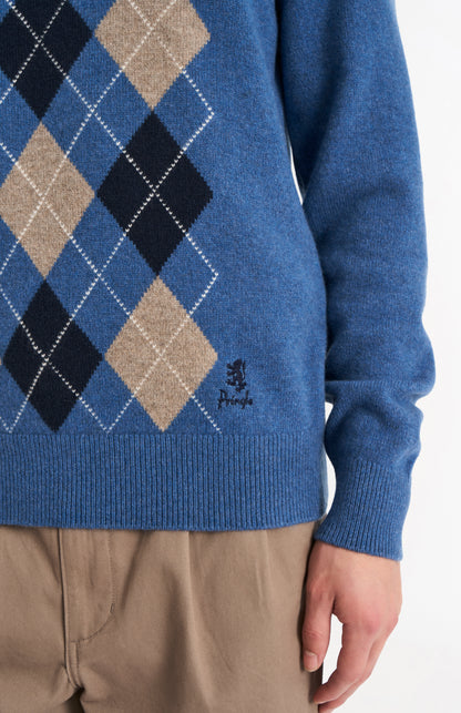 Men's Kessock  V-neck Supersoft Lambswool Argyle Jumper In Blue / Mushroom / Navy