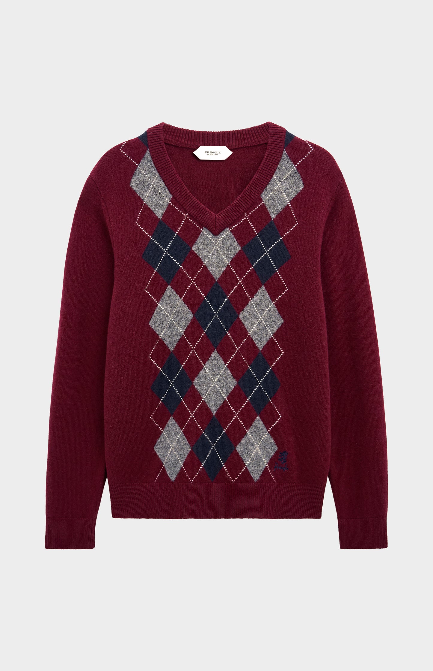 Men's Kessock  V-neck Supersoft Lambswool Argyle Jumper In Burgundy/ Navy / Grey