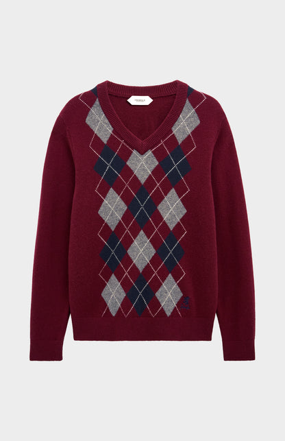 Men's Kessock  V-neck Supersoft Lambswool Argyle Jumper In Burgundy/ Navy / Grey