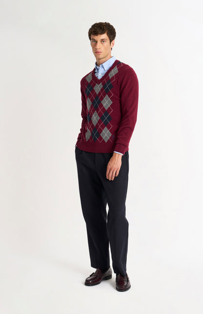 Men's Kessock  V-neck Supersoft Lambswool Argyle Jumper In Burgundy/ Navy / Grey