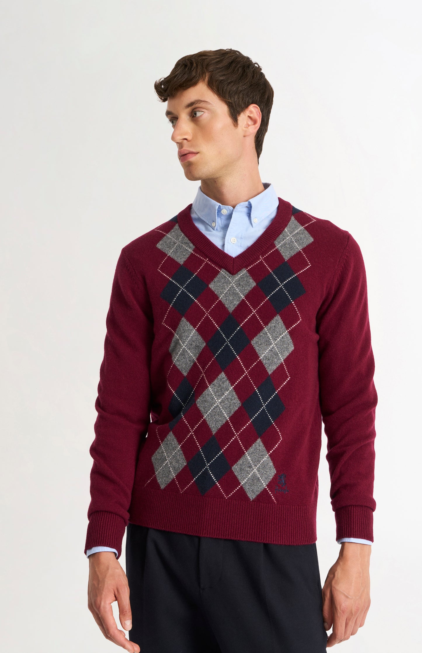 Men's Kessock  V-neck Supersoft Lambswool Argyle Jumper In Burgundy/ Navy / Grey
