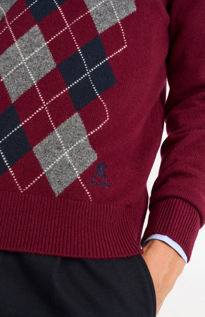 Men's Kessock  V-neck Supersoft Lambswool Argyle Jumper In Burgundy/ Navy / Grey