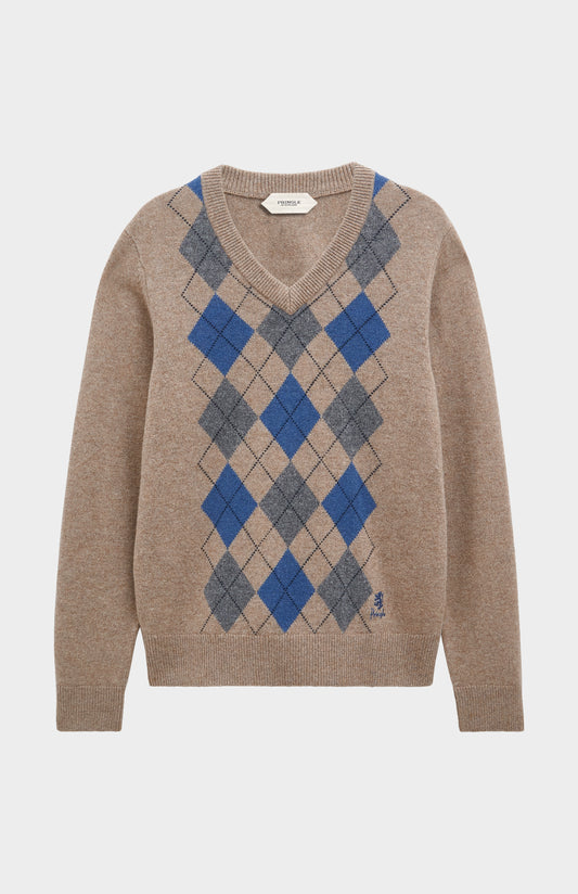 Men's Kessock  V-neck Supersoft Lambswool Argyle Jumper In Mushroom / Blue / Grey