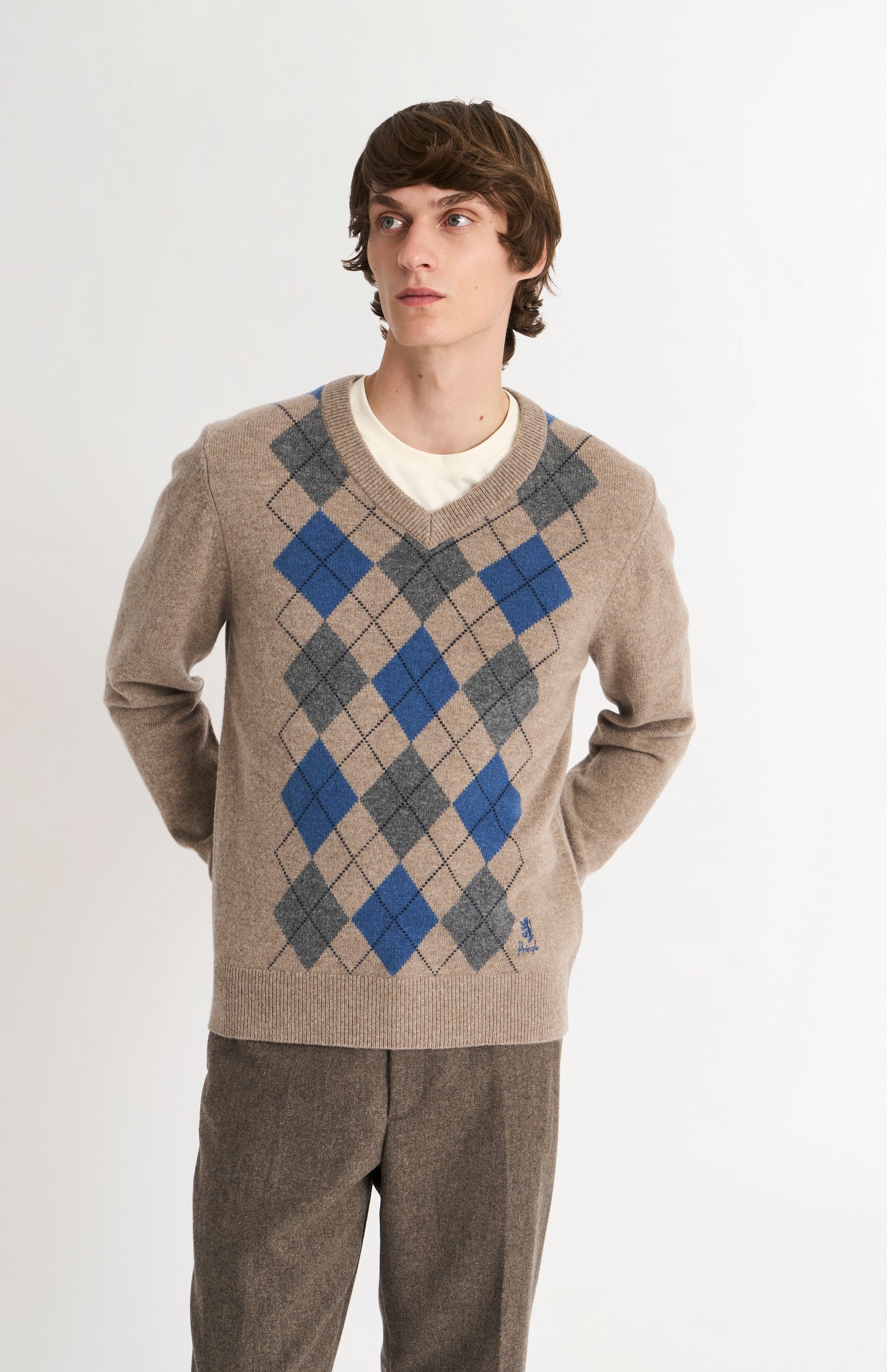 Men's Kessock  V-neck Supersoft Lambswool Argyle Jumper In Mushroom / Blue / Grey